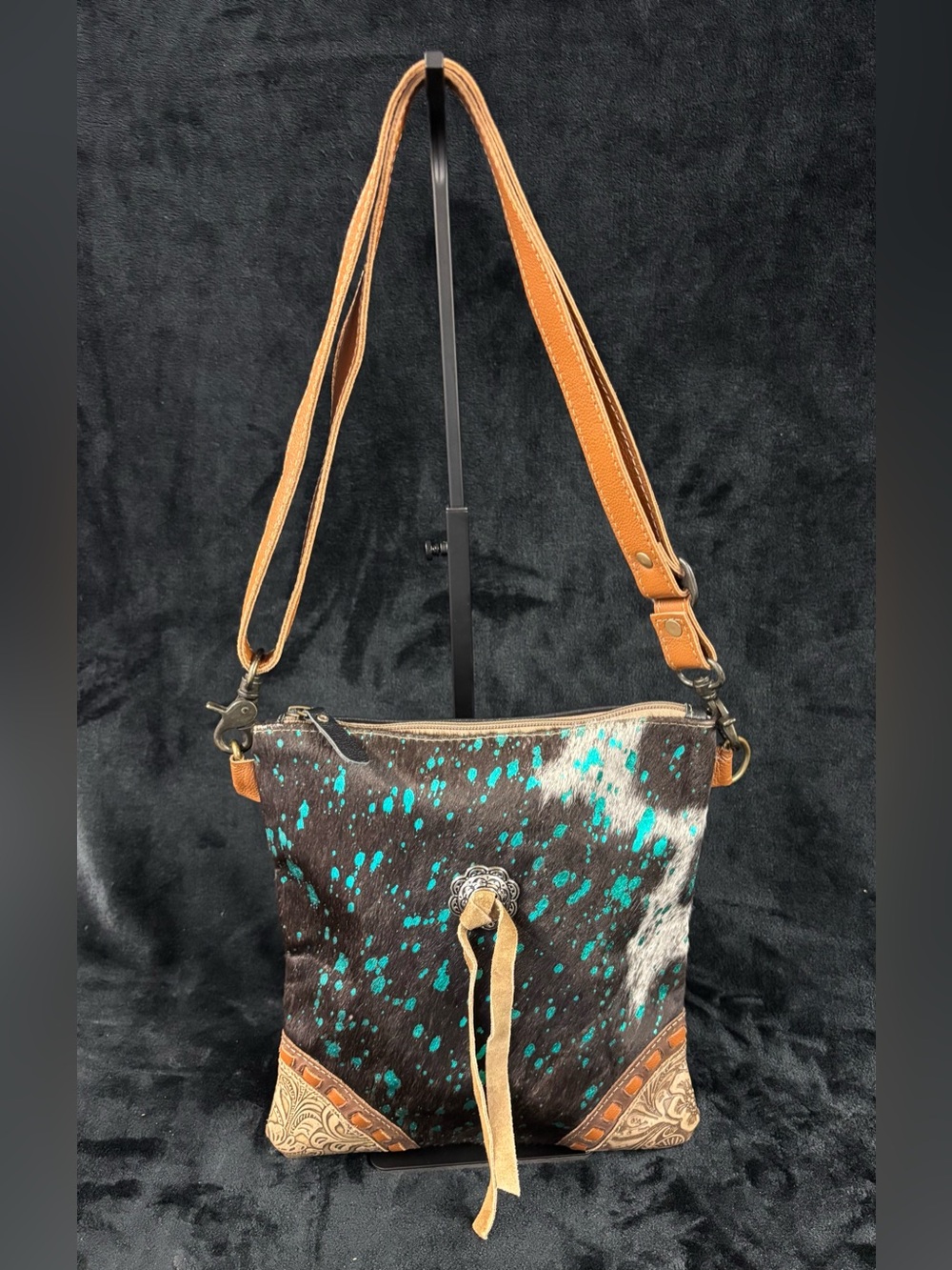 Myra Bag Hair On Hide Leather Crossbody Turquoise Cowhide Western Boho Purse